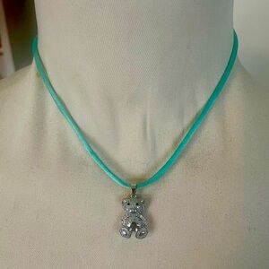 Teddy Bear Necklace CZ Bear on Turquoise Silk Cord Sterling Silver Cord NWT